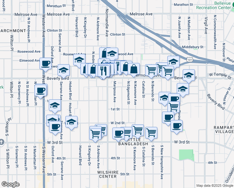 map of restaurants, bars, coffee shops, grocery stores, and more near 136 North Mariposa Avenue in Los Angeles