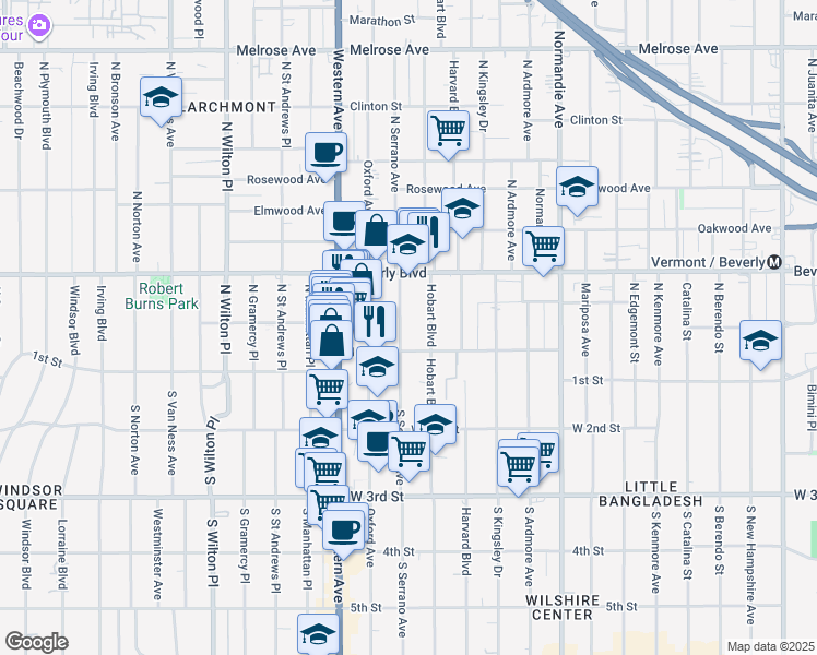 map of restaurants, bars, coffee shops, grocery stores, and more near 106 North Serrano Avenue in Los Angeles