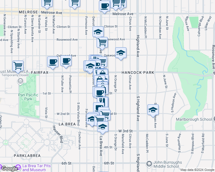 map of restaurants, bars, coffee shops, grocery stores, and more near 114 1/2 North Sycamore Avenue in Los Angeles