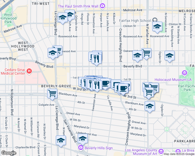 map of restaurants, bars, coffee shops, grocery stores, and more near 107 South Harper Avenue in Los Angeles