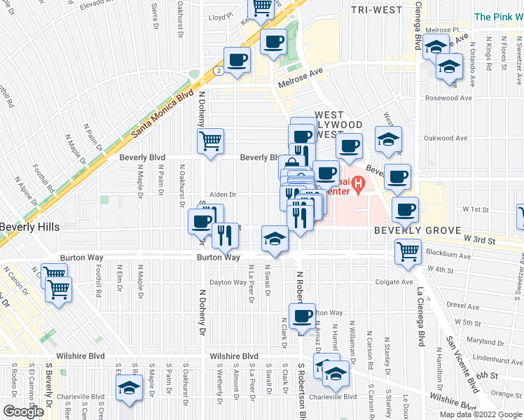 map of restaurants, bars, coffee shops, grocery stores, and more near 135 South Swall Drive in Los Angeles