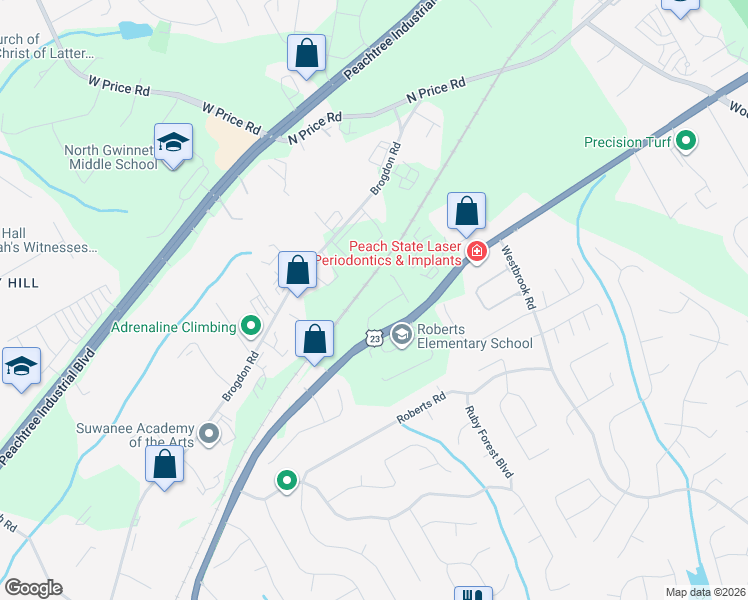 map of restaurants, bars, coffee shops, grocery stores, and more near 231 Wildcat Ridge Drive in Suwanee