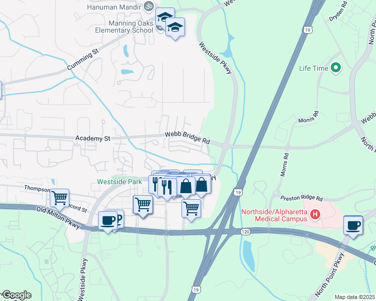 map of restaurants, bars, coffee shops, grocery stores, and more near 2114 Woodland Lane in Alpharetta