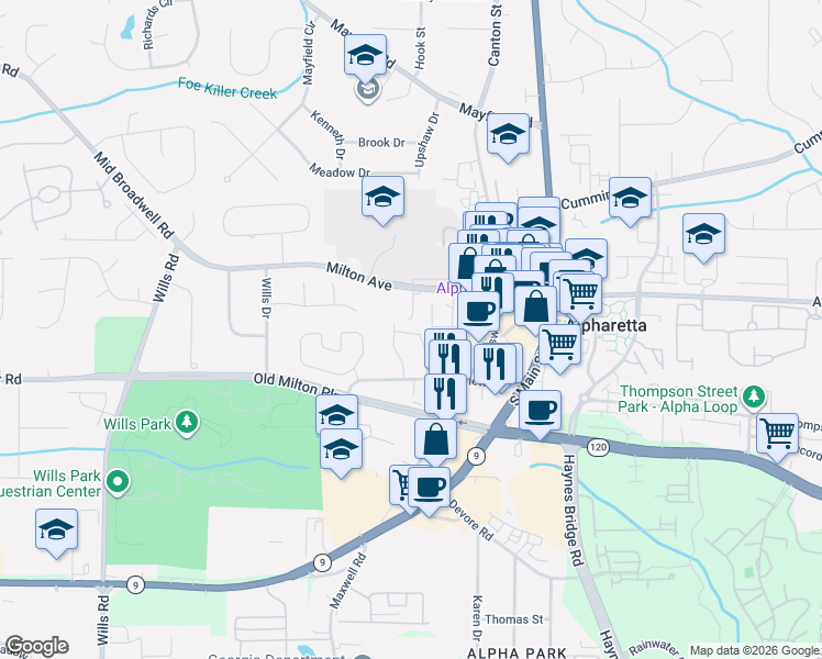 map of restaurants, bars, coffee shops, grocery stores, and more near 12044 Orchid Lane in Alpharetta