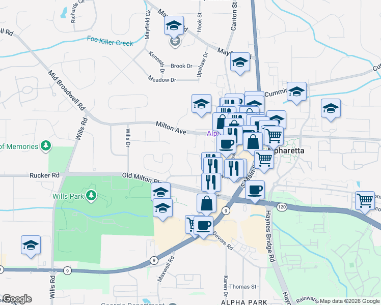 map of restaurants, bars, coffee shops, grocery stores, and more near 12044 Orchid Lane in Alpharetta