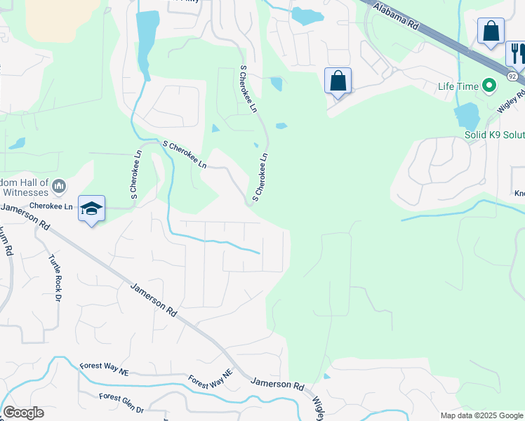 map of restaurants, bars, coffee shops, grocery stores, and more near South Cherokee Lane in Woodstock