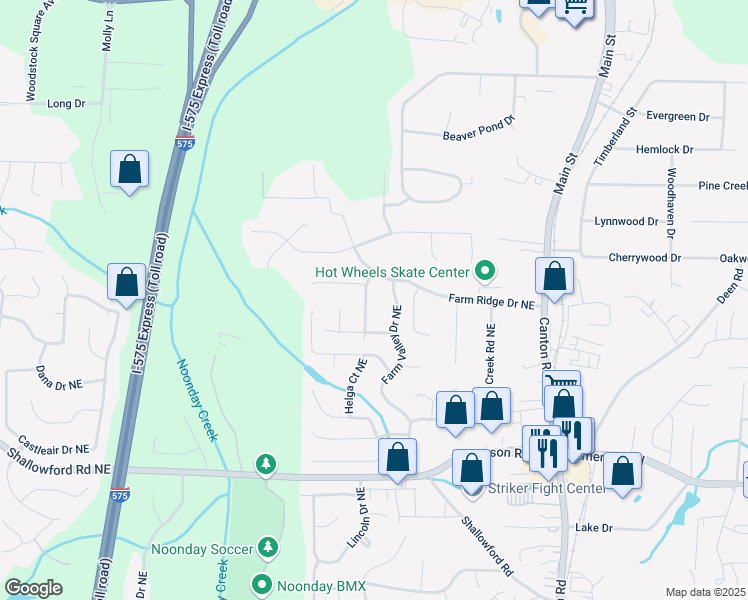 map of restaurants, bars, coffee shops, grocery stores, and more near 5140 Farm Place Drive Northeast in Woodstock
