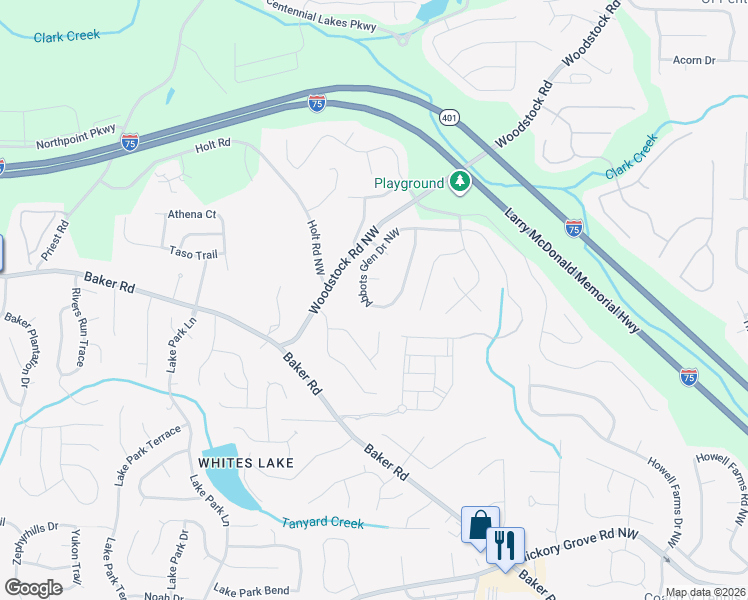 map of restaurants, bars, coffee shops, grocery stores, and more near 2631 Abbots Glen Drive Northwest in Acworth
