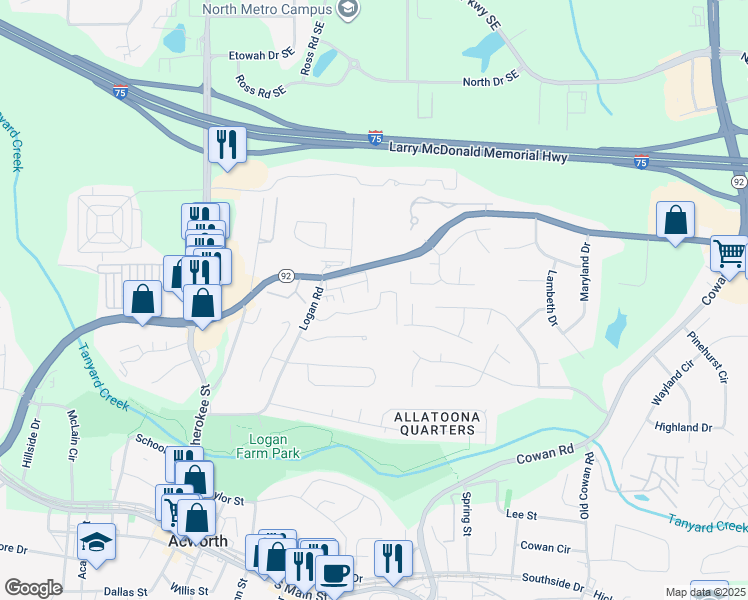 map of restaurants, bars, coffee shops, grocery stores, and more near 4434 Logan Way in Acworth