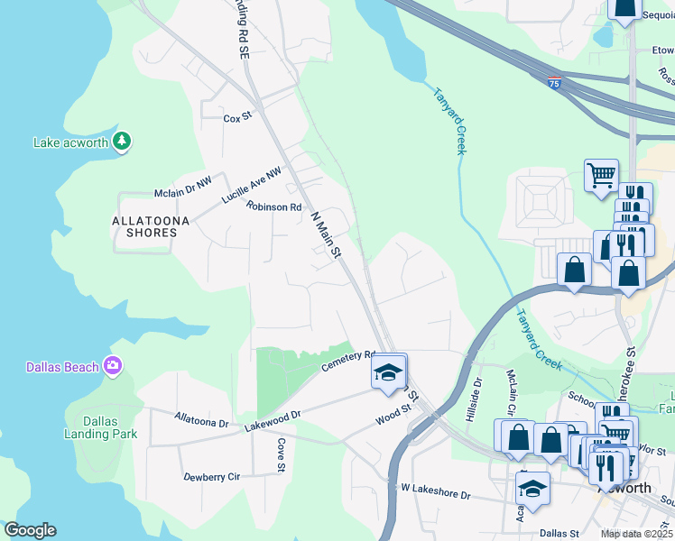 map of restaurants, bars, coffee shops, grocery stores, and more near 5361 North Main Street in Acworth