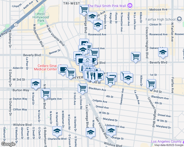 map of restaurants, bars, coffee shops, grocery stores, and more near 100 North La Cienega Boulevard in Los Angeles