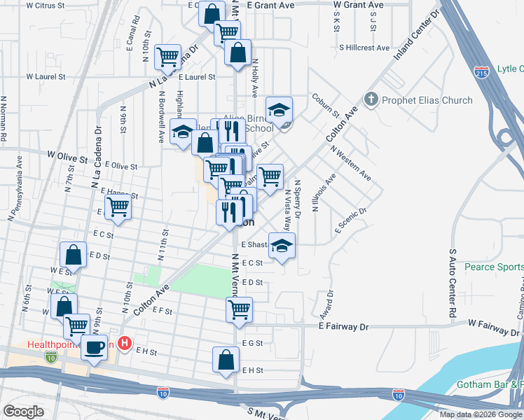 map of restaurants, bars, coffee shops, grocery stores, and more near 900 Colton Avenue in Colton