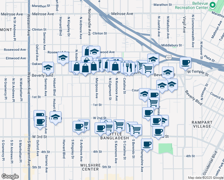 map of restaurants, bars, coffee shops, grocery stores, and more near 158 North Edgemont Street in Los Angeles