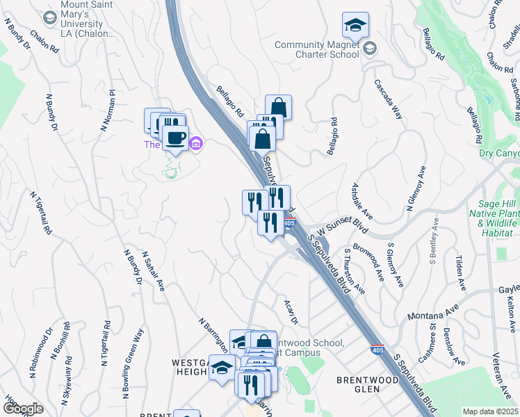 map of restaurants, bars, coffee shops, grocery stores, and more near 361 North Gunston Drive in Los Angeles