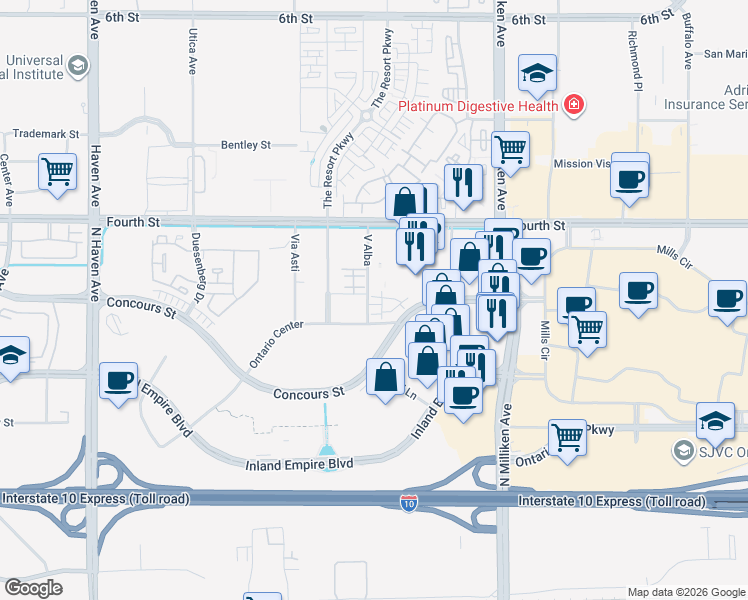 map of restaurants, bars, coffee shops, grocery stores, and more near 1000 North Tangent Privado in Ontario