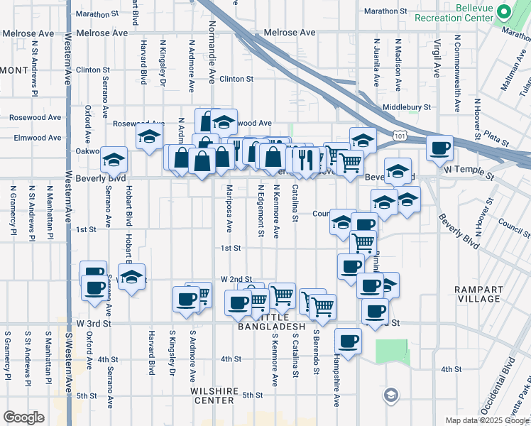 map of restaurants, bars, coffee shops, grocery stores, and more near 136 North Edgemont Street in Los Angeles