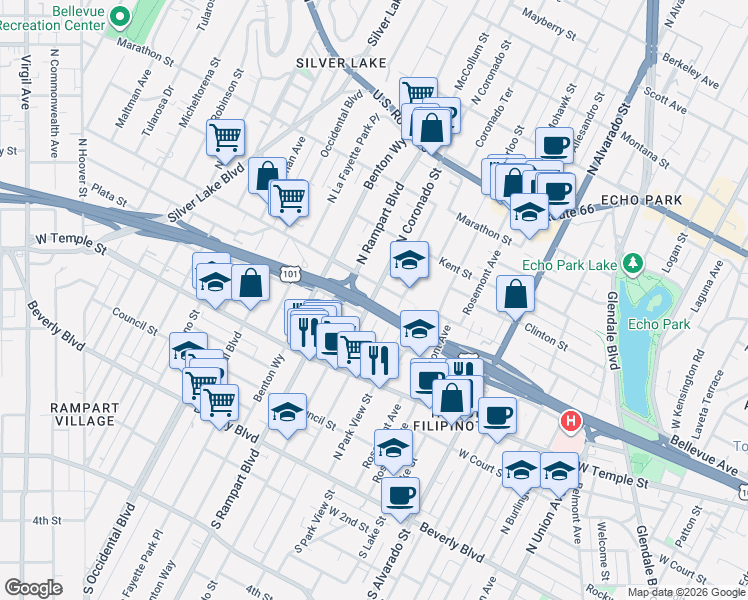 map of restaurants, bars, coffee shops, grocery stores, and more near 440 North Coronado Street in Los Angeles