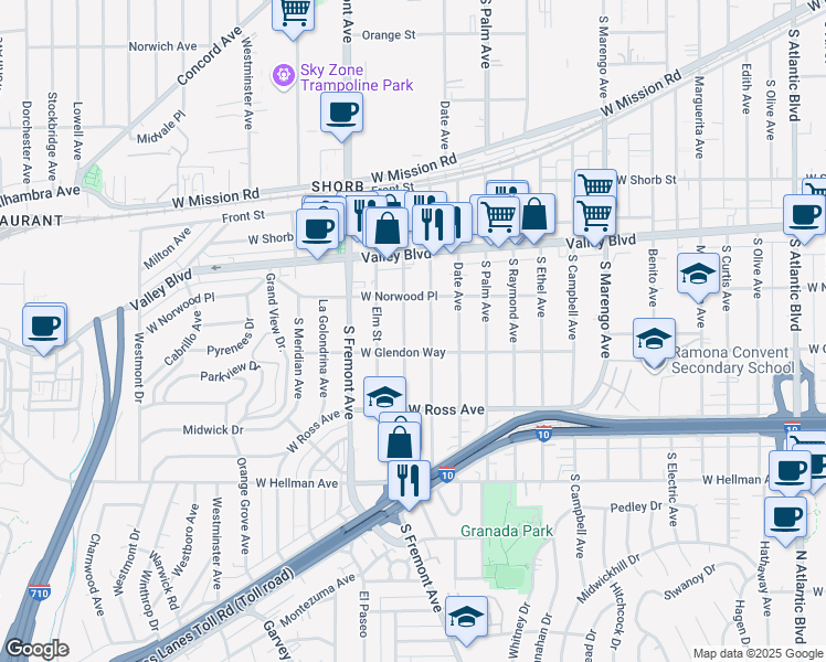 map of restaurants, bars, coffee shops, grocery stores, and more near 1628 South Primrose Avenue in Alhambra