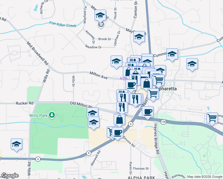 map of restaurants, bars, coffee shops, grocery stores, and more near 12047 Orchid Lane in Alpharetta