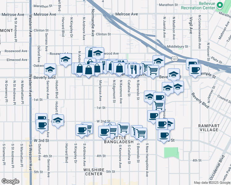 map of restaurants, bars, coffee shops, grocery stores, and more near 136 North Edgemont Street in Los Angeles