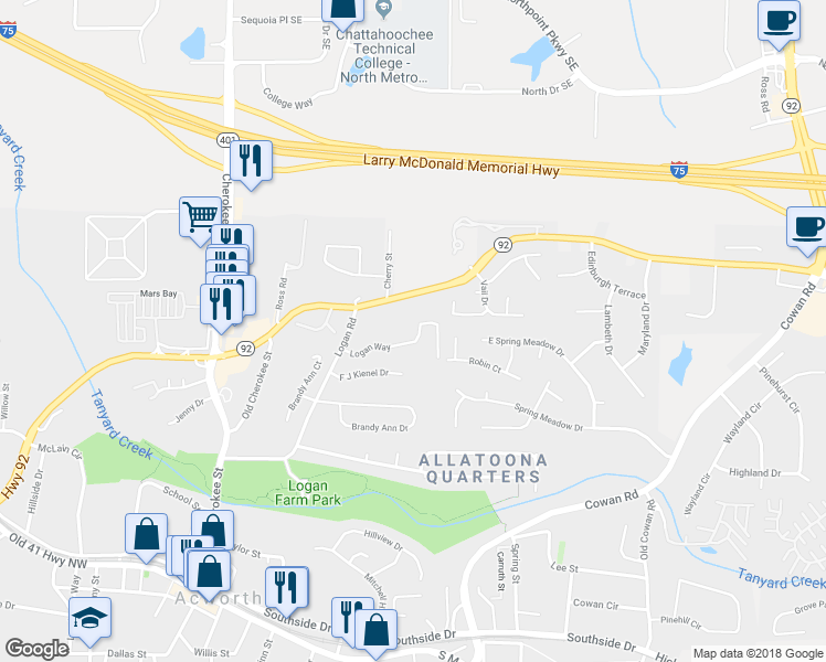 map of restaurants, bars, coffee shops, grocery stores, and more near 4434 Logan Way in Acworth