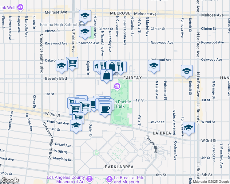 map of restaurants, bars, coffee shops, grocery stores, and more near 100 The Grove Drive in Los Angeles