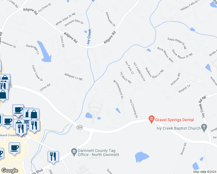 map of restaurants, bars, coffee shops, grocery stores, and more near Bellyard Drive in Buford