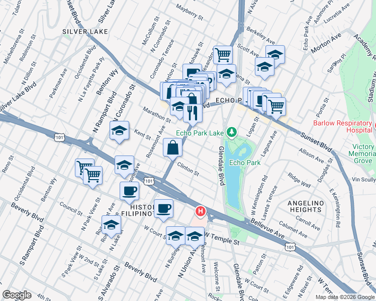 map of restaurants, bars, coffee shops, grocery stores, and more near 1933 Kent Street in Los Angeles