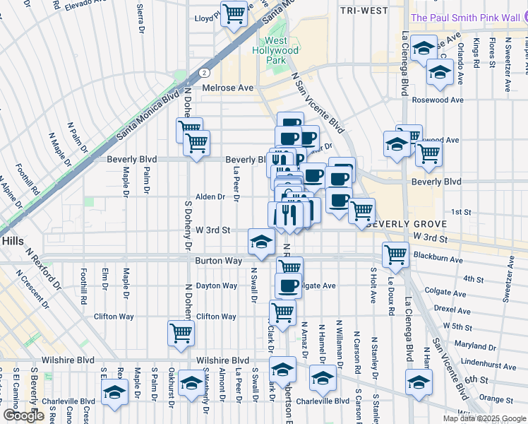 map of restaurants, bars, coffee shops, grocery stores, and more near 123 South Clark Drive in Los Angeles