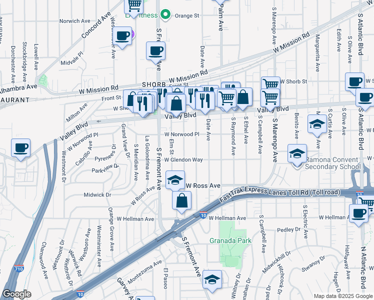 map of restaurants, bars, coffee shops, grocery stores, and more near 1628 South Primrose Avenue in Alhambra