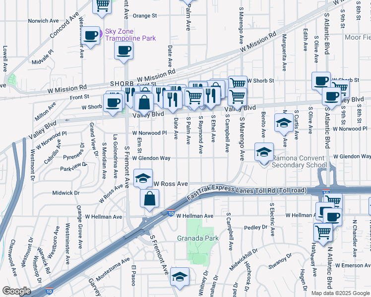 map of restaurants, bars, coffee shops, grocery stores, and more near 1644 Date Avenue in Alhambra