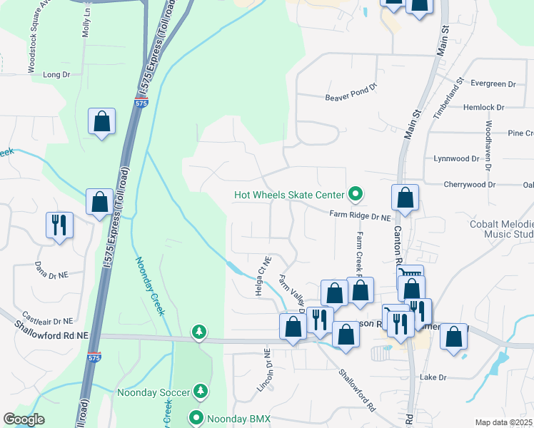map of restaurants, bars, coffee shops, grocery stores, and more near 5141 Farm Place Drive Northeast in Woodstock