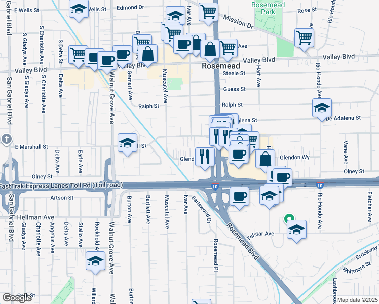 map of restaurants, bars, coffee shops, grocery stores, and more near 8843 Glendon Way in Rosemead
