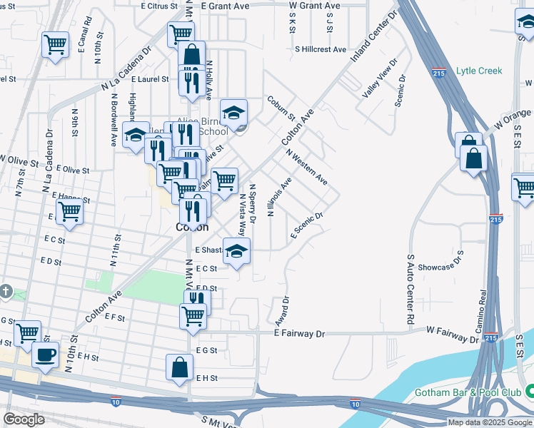 map of restaurants, bars, coffee shops, grocery stores, and more near 959 North Illinois Avenue in Colton