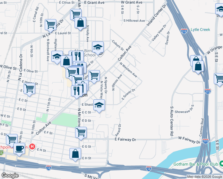 map of restaurants, bars, coffee shops, grocery stores, and more near 959 North Illinois Avenue in Colton