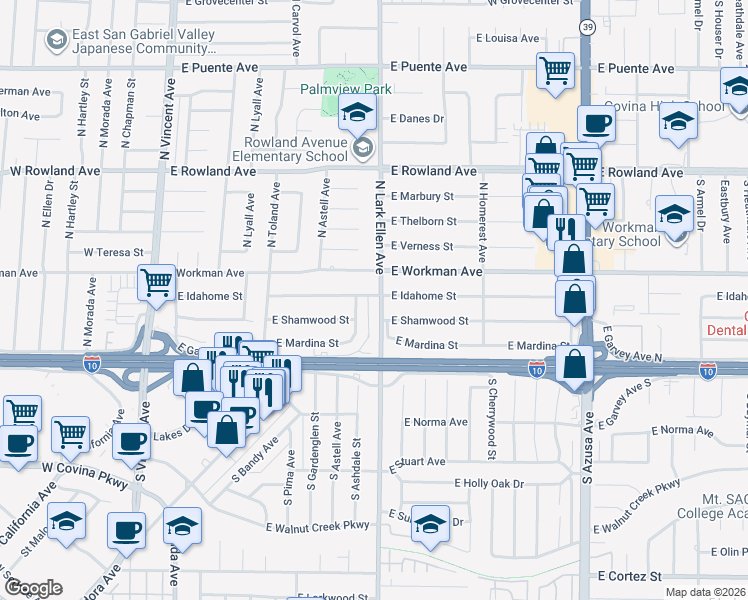 map of restaurants, bars, coffee shops, grocery stores, and more near 223 North Lark Ellen Avenue in West Covina