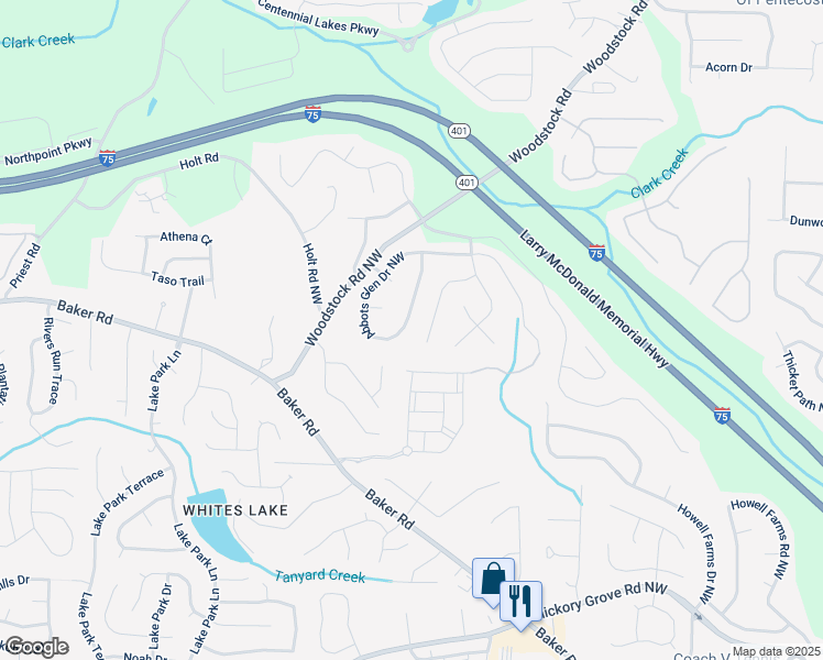 map of restaurants, bars, coffee shops, grocery stores, and more near 4950 Abbotts Glen Trail Northwest in Acworth