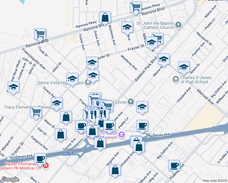 map of restaurants, bars, coffee shops, grocery stores, and more near 13630 Foster Avenue in Baldwin Park