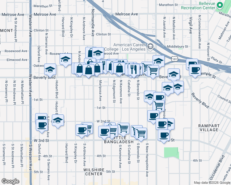 map of restaurants, bars, coffee shops, grocery stores, and more near 158 North Edgemont Street in Los Angeles