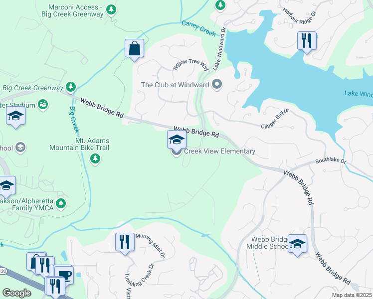 map of restaurants, bars, coffee shops, grocery stores, and more near 3995 Webb Bridge Road in Alpharetta