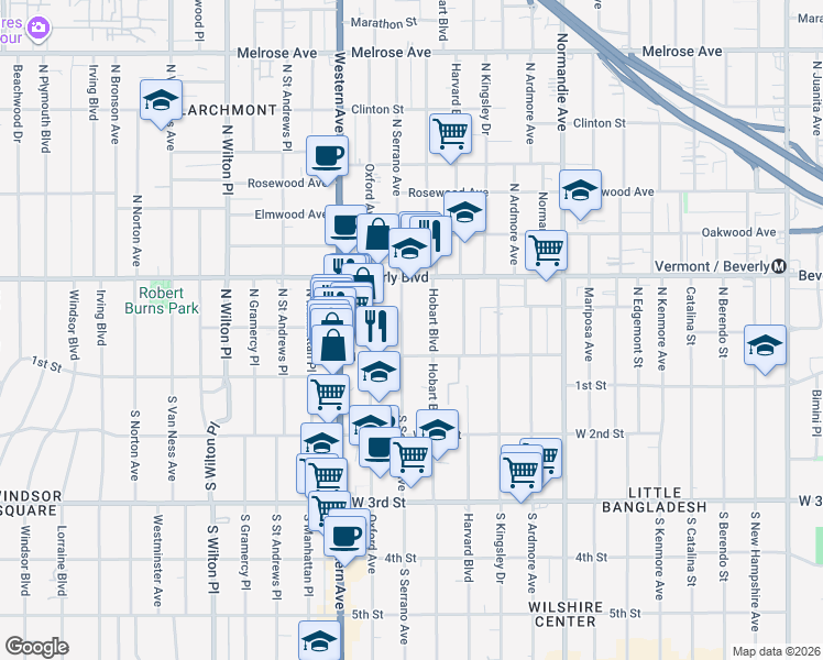 map of restaurants, bars, coffee shops, grocery stores, and more near 106 North Serrano Avenue in Los Angeles