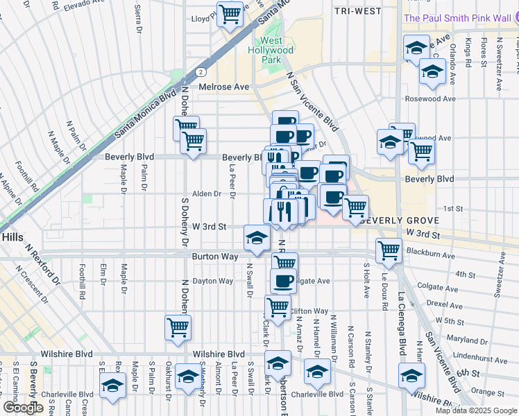 map of restaurants, bars, coffee shops, grocery stores, and more near 123 South Clark Drive in Los Angeles
