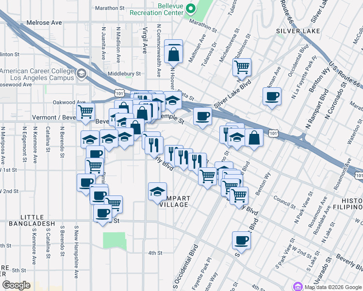map of restaurants, bars, coffee shops, grocery stores, and more near 140 North Hoover Street in Los Angeles