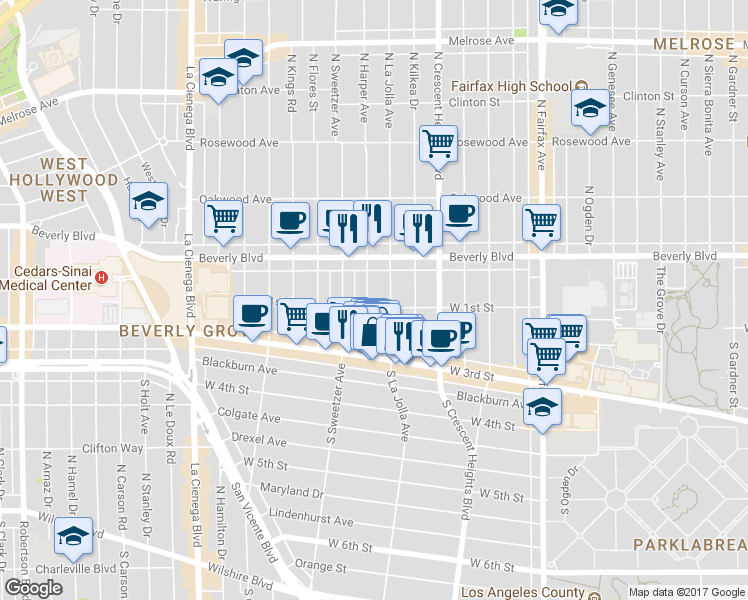 map of restaurants, bars, coffee shops, grocery stores, and more near 104 North Harper Avenue in Los Angeles