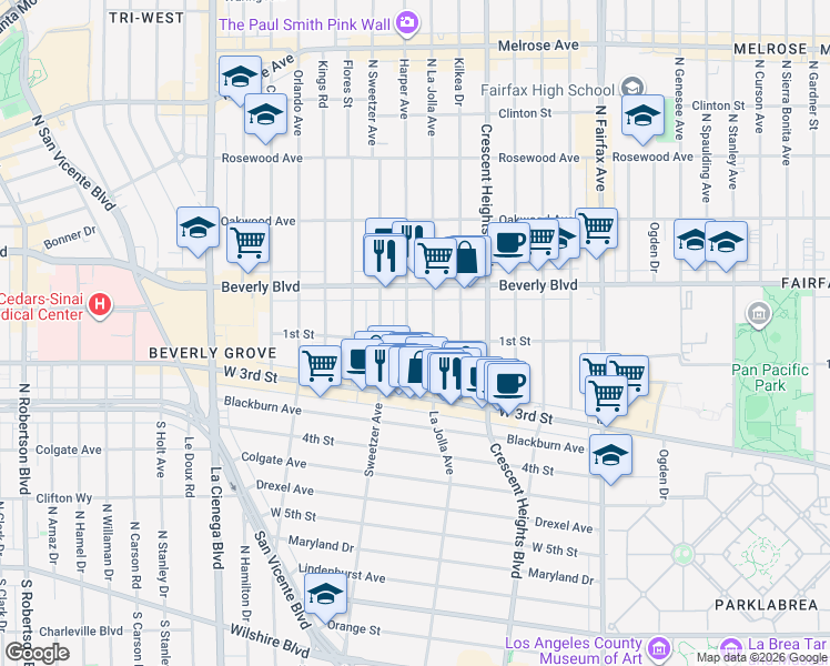 map of restaurants, bars, coffee shops, grocery stores, and more near 104 North Harper Avenue in Los Angeles