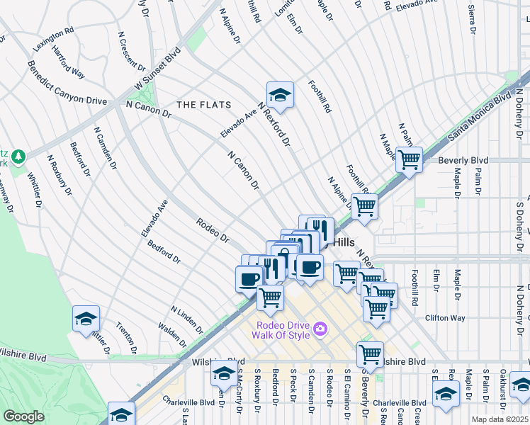 map of restaurants, bars, coffee shops, grocery stores, and more near 521 North Canon Drive in Beverly Hills