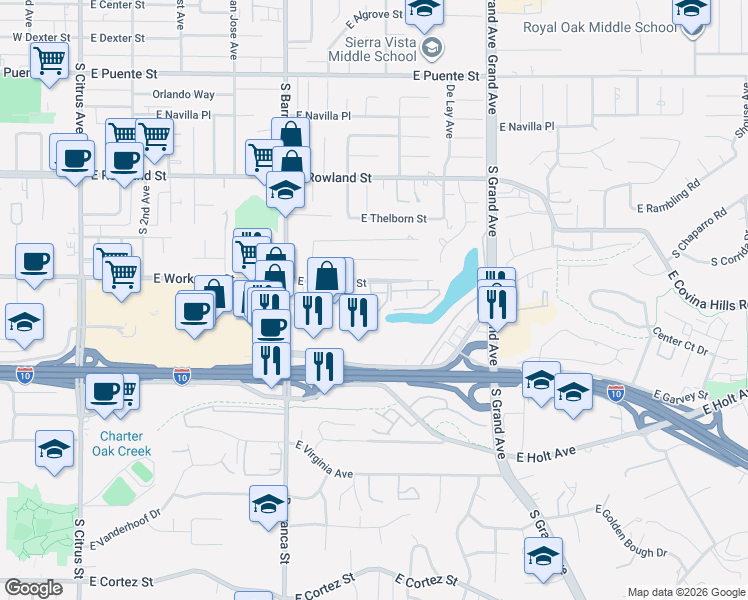 map of restaurants, bars, coffee shops, grocery stores, and more near 682 East Workman Street in Covina