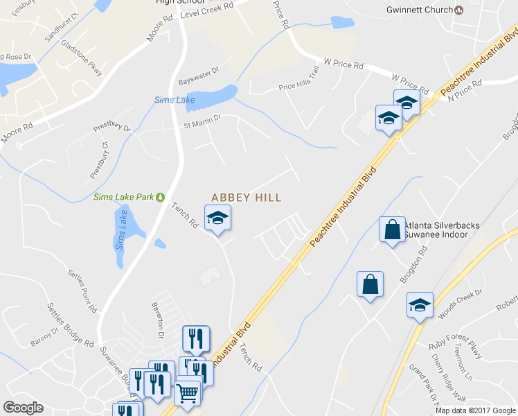 map of restaurants, bars, coffee shops, grocery stores, and more near 4937 Sara Creek Way in Sugar Hill