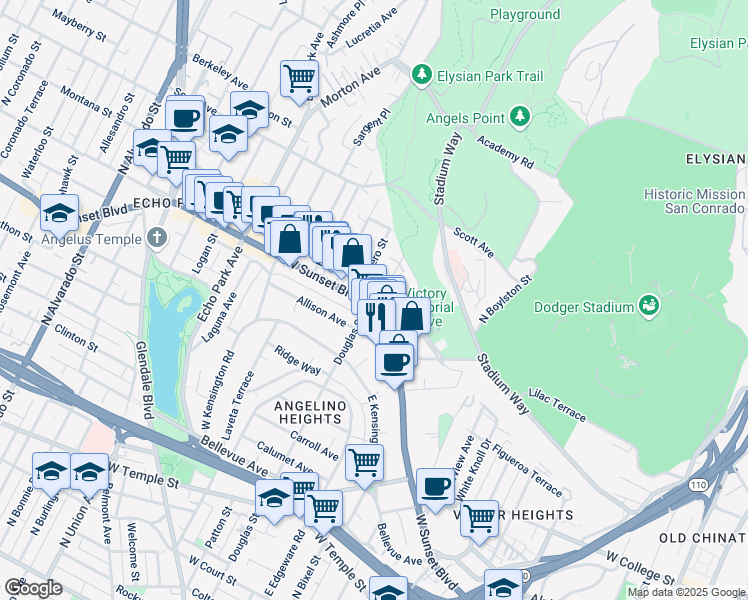 map of restaurants, bars, coffee shops, grocery stores, and more near 1211 Douglas Street in Los Angeles