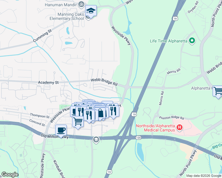 map of restaurants, bars, coffee shops, grocery stores, and more near 8114 Woodland Trail in Alpharetta